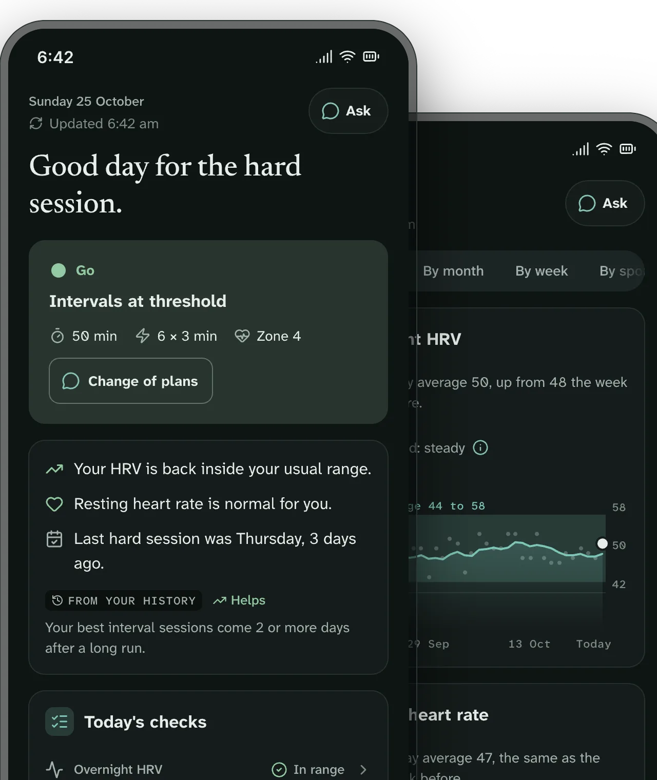 Two Revia app screens. Today: 'Good day for the hard session', with intervals at threshold planned and the reasons. Trends: overnight HRV and resting heart rate against the person's usual range.
